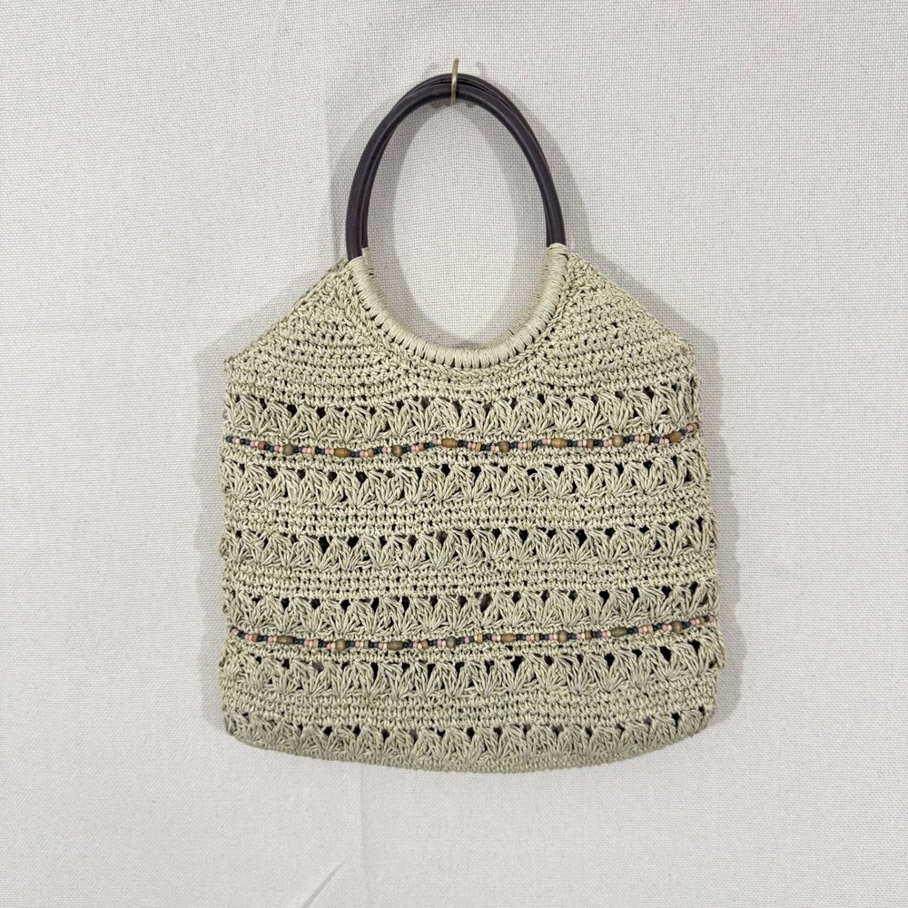 Vintage Mervyns 2003 Woven Straw Beaded Tote Bag Tan Boho Summer Handbag